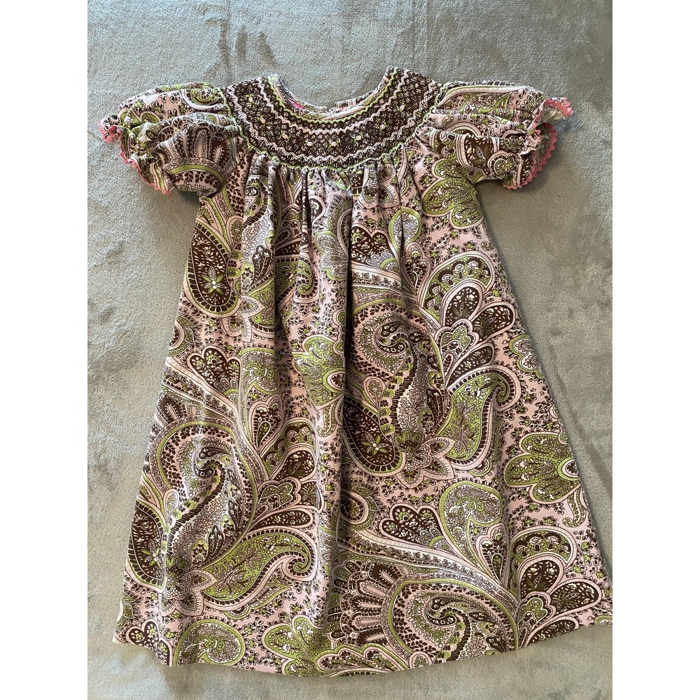 Claire &‎ Charlie Dress Girls 3 Pink Green Paisley Hand Smocked Cotton Bishop